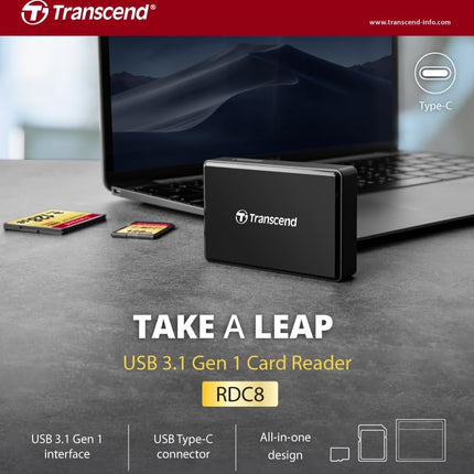 Transcend RDC8 USB 3.1 Gen 1 (USB 5Gbps) SD & microSD & CompactFlash Card Reader, with micro USB to USB Type C Cable, TS-RDC8K2