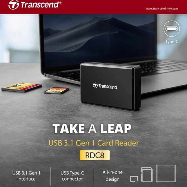 Transcend RDC8 USB 3.1 Gen 1 (USB 5Gbps) SD & microSD & CompactFlash Card Reader, with micro USB to USB Type C Cable, TS-RDC8K2