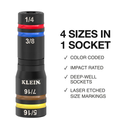 Klein Tools 652QS Quad Socket, 8 Sizes in 2 Sockets, 4-in-1 Color Coded SAE Impact Rated, Deep-Well Heavy-Duty, 1/4-Inch Drive, 6-1/2-Inch Shaft