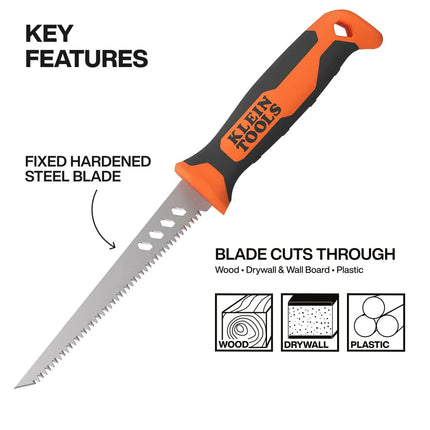 Klein Tools 31711 Fixed Blade Rasping Jab Saw with Sheath, Triple Ground Teeth Cuts Drywall, Plywood, Plastic and Wallboard, Hardened Steel Blade