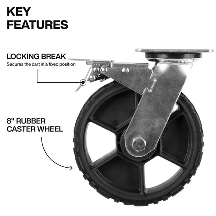 Klein Tools 54851MB 8-Inch Replacement Caster Wheels, Set of 4: Two Swivel with Brake/Two Fixed, Rubber Outer, Utility Carts, Wagons, Dolly