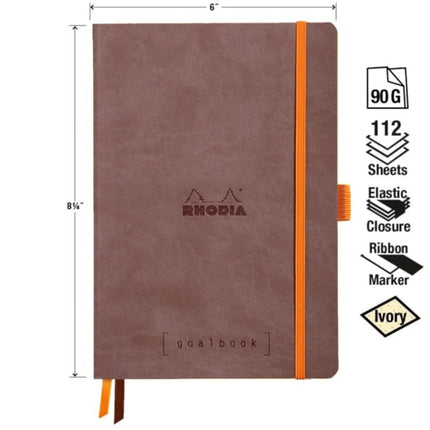 RHODIA 117743C - Soft Notebook Bullet Journal Goalbook Chocolate - A5 - Dotted Dot - 240 pages - 90g Ivory Clairefontaine Paper - 2 Ribbons, Elastic Closure - Faux Leather Cover