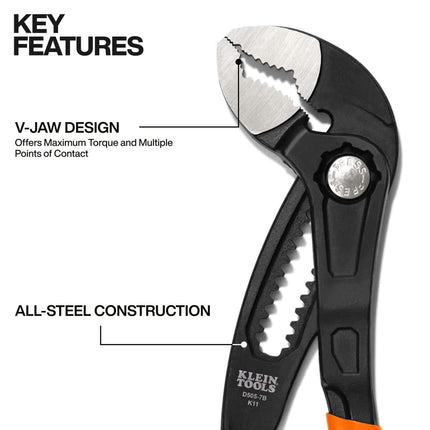 Klein Tools D5057B 7-Inch Quick-Adjust Klaw Pump Pliers, Compact Design with V-Jaw and Hardened Teeth for Maximum Torque