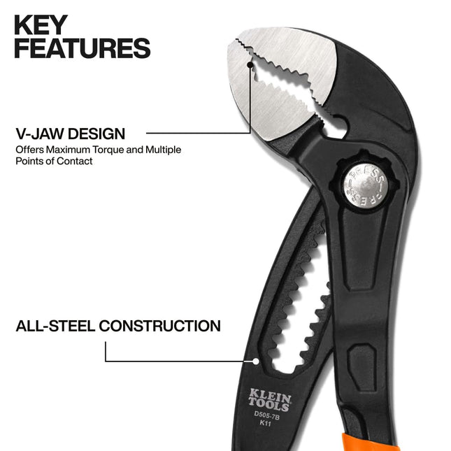 Klein Tools D5057B 7-Inch Quick-Adjust Klaw Pump Pliers, Compact Design with V-Jaw and Hardened Teeth for Maximum Torque