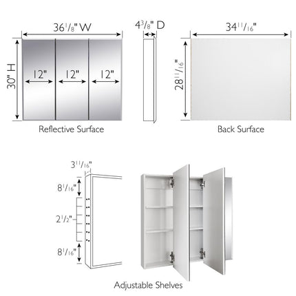 Design House 36 Inch Cyprus Bathroom Medicine Cabinet, Durable Pre-Assembled Wall Mounted Cabinet w/Frameless Mirrored Doors, White, 590265