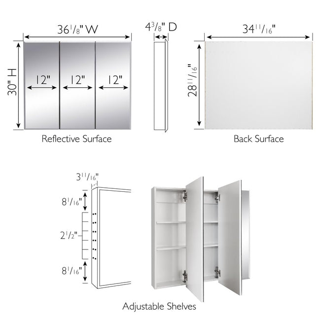 Meuble de salle de bain avec armoire à pharmacie Cyprus de 36 pouces Design House, armoire murale durable pré-assemblée avec portes miroir sans cadre, blanc, 590265