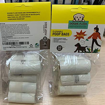 Sacs à crottes de chien Doodie Flush - Recharge – 80 sacs à déjections canines biodégradables en rouleaux - Recharge soluble dans l'eau – 100% écologique, jetable dans les toilettes, ultra épais, sacs à déjections compostables