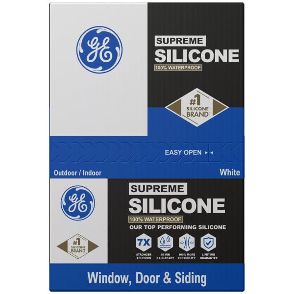 GE Supreme Silicone Caulk for Window & Door, White, 10 fl oz Cartridge, 12 Pack - 100% Waterproof Silicone Sealant, 7X Stronger Adhesion, Shrink & Crack Proof
