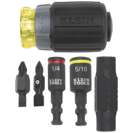 Klein Tools 32561HDRT KNECT 7-in-1 Ratcheting Screwdriver, Impact Rated, Stubby with Phillips, Slotted Bits, 3 Nut Drivers, Adapter, 7-Piece