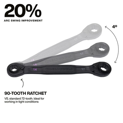 Klein Tools 68216M 4-in-1 Ratcheting Wrench Set, 2-Piece, Eight Metric Hex Sizes, 8mm x 10mm, 12mm x 13mm, 14mm x 15mm, and 17mm x 19mm Box Wrench Set, 90-Tooth Ratchet, Pass-Through Design