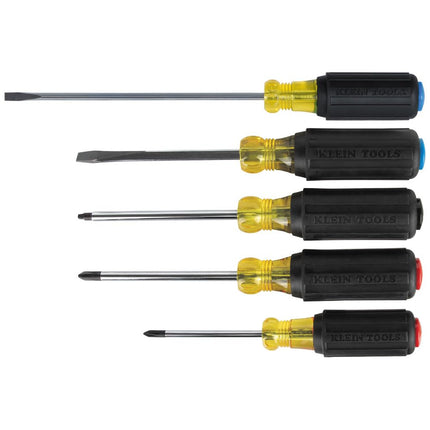 Klein Tools 80031C 5-Piece Color-Coded Screwdriver Set with Precision Tips and Cushion Grip Handles, Made in USA, 2 Slotted, 2 Phillips, 1 Square