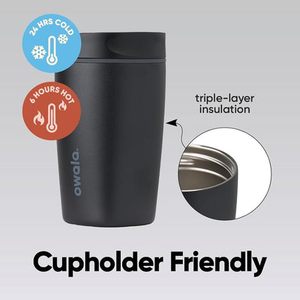 Owala SmoothSip Slider Ceramic-Lined Insulated Stainless Steel Coffee Tumbler, No Metallic Taste Reusable Travel Mug, Hot Iced Coffee Cup, BPA Free 12 oz, Very, Very Dark