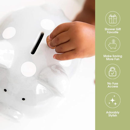 Pearhead Large Piggy Bank, Ceramic Money Bank For Kids, Baby Keepsake Gift, Gender Neutral Nursery Décor, Grey Polka Dot