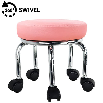 WKWKER Modern Roller Seat PU Leather Low Round Rolling Stool 360 Swivel Small Stool with Universal Caster Wheels for Home Office Garage Shop Fitness Sport H:12.4" (Pink)