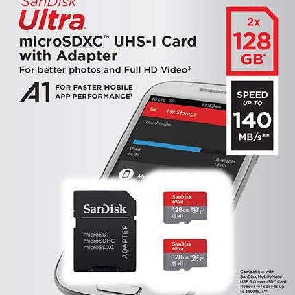 SanDisk 128GB Ultra microSDXC card + SD adapter up to 140 MB/s with A1 App Performance UHS-I Class 10 U1 - Twin Pack