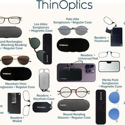 ThinOptics, Silver black metal capsule with black frames, 1.5 Strength