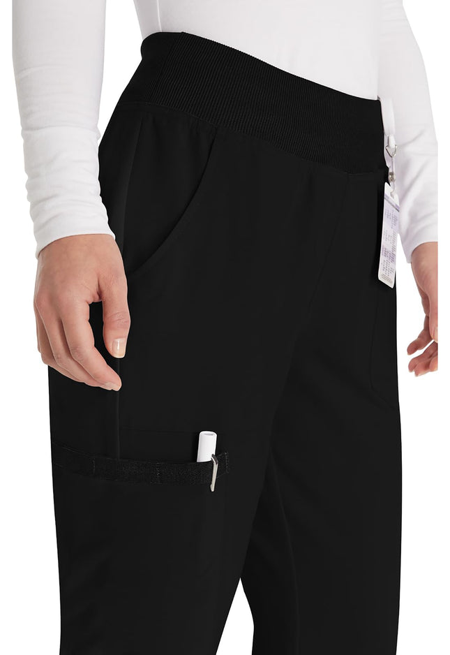 EDS Essentials Scrubs for Women, Yoga-Inspired Pull-On Pant with Four-Way Stretch and Moisture Wicking DK005, Black, Medium Petite
