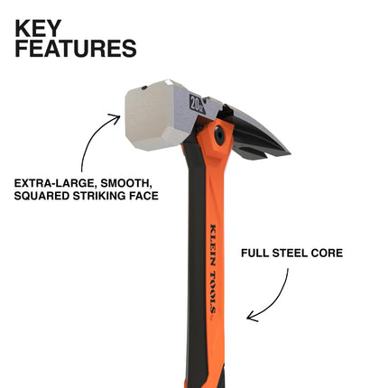 Klein Tools H81020 Anti-Vibration Smooth Face Hammer with Straight Claw, 20-Ounce Forged Steel, Magnetic Nail Starter and Extra-Large Squared Strike Face