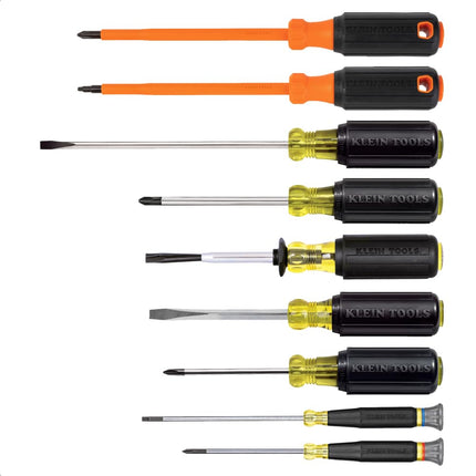 Klein Tools 85850 9-Piece Electrician Tool Set with (3) Phillips, (3) Slotted Drivers, (1) Screw-Holding Driver, (2) Insulated Drivers - Phillips and Square, Cushion-Grip Handle