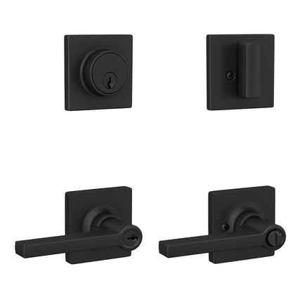 Lock Scout Straight Lever with Square Trim Keyed Entry Door Handle and Single Cylinder Deadbolt, Matte Black Finish