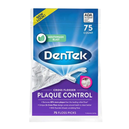 DenTek Plaque Control Floss Picks, X-Shaped Cross Flosser Dental Flossers, Easy Reach Teeth Cleaning, Plaque Removal, Oral Care, 75 Count (Pack of 6)