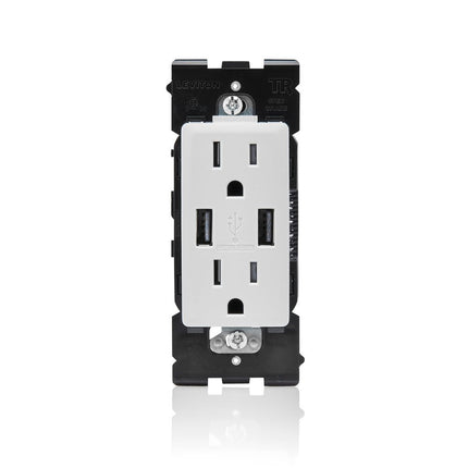 Leviton RUAA1-WW Renu USB Charger/Tamper-Resistant Duplex Outlet, 15A-125VAC, White, 15-Amp