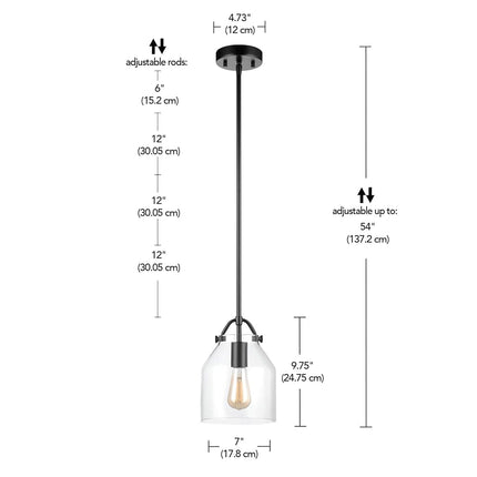 Globe Electric 67000097 1-Light Pendant Light, Matte Black, Clear Glass Shade, Black Rods, Pendant Light Fixture, Kitchen Island, Adjustable Height, Home Décor Lighting, Ceiling Light Fixture