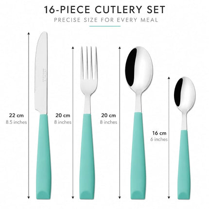EXZACT 16pcs Cutlery Set Stainless Steel Wide Handles Serves 4 Turquoise