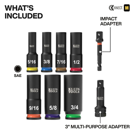Klein Tools 65109IMPCT KNECT Deep-Well 3/8-Inch Drive Impact Socket Set, SAE, 9-Piece Tool Set with Impact Driver Adapter, Multi-Purpose Wrench Adapter, Color-Coded, MODbox Socket Organizer