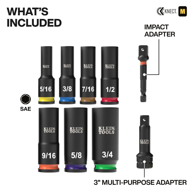 Klein Tools 65109IMPCT KNECT Deep-Well 3/8-Inch Drive Impact Socket Set, SAE, 9-Piece Tool Set with Impact Driver Adapter, Multi-Purpose Wrench Adapter, Color-Coded, MODbox Socket Organizer