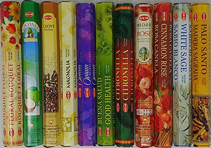 Hem Incense -12 Box Best Variety Pack 20 Sticks Each - 240 Sticks - 240g - Chandan, Coconut, Dragon's Blood, Sandalwood, Lotus, Red Rose, Lavender, Lilac, Amber, Patcouli, Frankincense-Myrrh, Sage