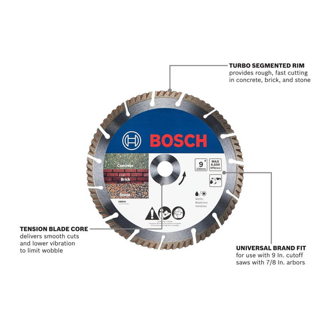 BOSCH DB944-9, Disco de Diamante Segmentado de 9 Pulgadas - Ideal para Cortar Hormigón, Ladrillo y Bloque
