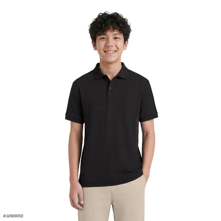 Polo de manga corta uniforme escolar Izod para niños, cierre de botón, material de rendimiento que absorbe la humedad, negro, 14-16 robusto