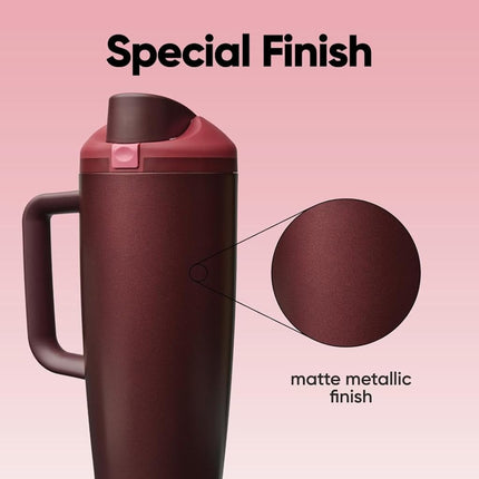 Owala FreeSip Tumbler Insulated Stainless Steel Water Bottle with Built-in Straw and Side Handle, for Travel, Work, School, and Sports, 40oz, BPA Free, Leak Proof, Black Cherry