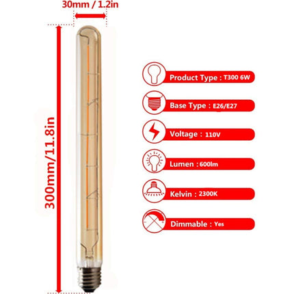 JKLcom Bombilla LED de filamento vintage T300 6W Regulable Bombilla Edison vintage Tubular larga LED vintage, base media E26/E27, cristal ámbar, blanco cálido 2300K, 6W (equivalente a 40W), regulable, paquete de 4