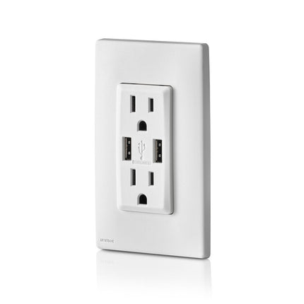 Leviton RUAA1-WW Renu USB Charger/Tamper-Resistant Duplex Outlet, 15A-125VAC, White, 15-Amp