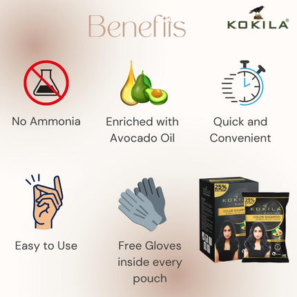 Kokila Unisex Hair Color Shampoo Enriched With Almond Oil in Just 5 Minute, Long-Lasting Instant Hair Color Black Pack of 15 (18ML Each)