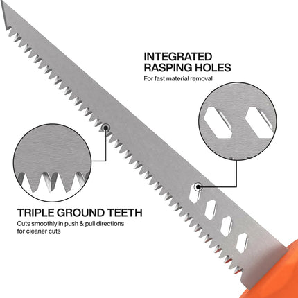 Klein Tools 31711 Fixed Blade Rasping Jab Saw with Sheath, Triple Ground Teeth Cuts Drywall, Plywood, Plastic and Wallboard, Hardened Steel Blade
