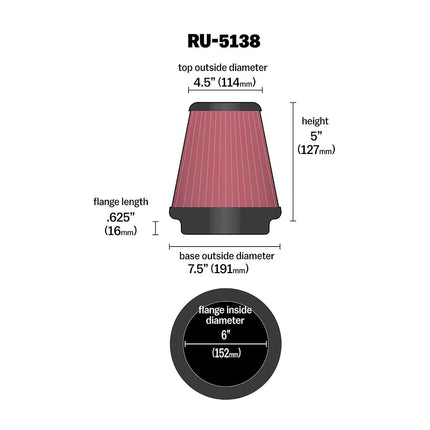 K&N Universal Conical Air Filter 152mm flange, 191mm base, 114mm top, 127mm height (RU-5138)