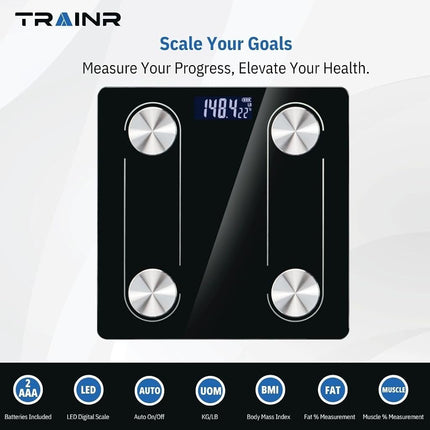 Trainr Digital Body Scale Trnr-BDYSCLE-BLK, Home Essential Body Weight Scale for People, Durable Bathroom Accessory, Smart Scale Compatible with Apple and Android OS, Workout and Fitness Equipment