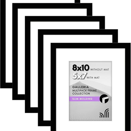 Americanflat 8x10 Photo Frame with Polished Plexi Cover - Set of 5 - Use as 7x5 Photo Frames with Mount or 10x8 Without Mount for Tabletop and Gallery Wall Display - Black