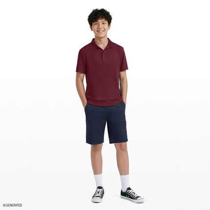 Polo de uniforme escolar de manga corta IZOD para niño, cierre de botones, material de alto rendimiento que absorbe la humedad, color borgoña, 8 Husky