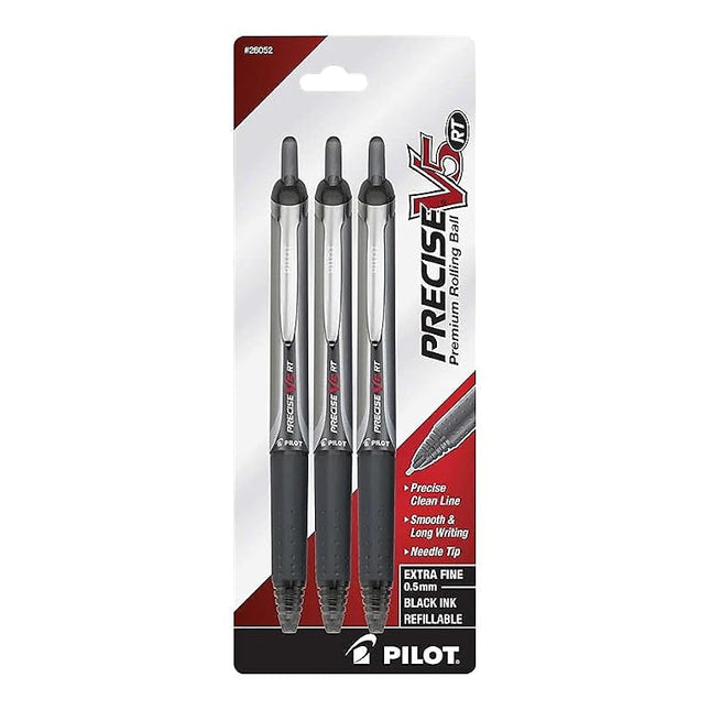 PILOT Precise V5 RT Refillable & Retractable Liquid Ink Rolling Ball Pens, Extra Fine Point (0.5mm) Black Ink, 3-Pack (26052)