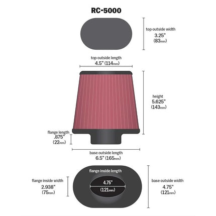 K&N Universal Clamp-On Air Filter: High Performance, Premium, Washable, Replacement Engine Filter: Filter Height: 5.625 In, Flange Length: 0.875 In, Shape: Oval Straight, RC-5000