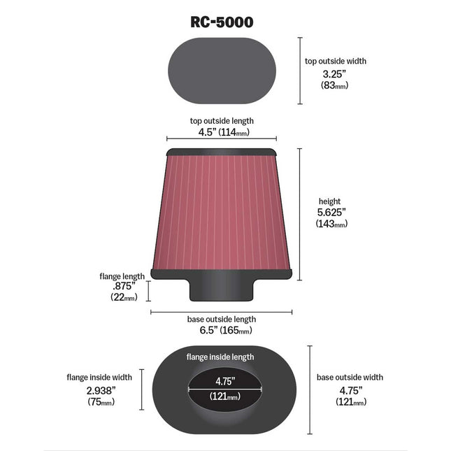 K&N Universal Clamp-On Air Filter: High Performance, Premium, Washable, Replacement Engine Filter: Filter Height: 5.625 In, Flange Length: 0.875 In, Shape: Oval Straight, RC-5000