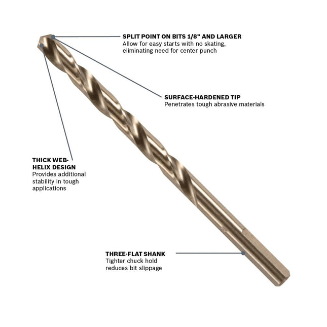 BOSCH CO2155B 1-Piece 7/16 in. x 5-1/2 in. Cobalt M42 Metal Drill Bit with Three-Flat Shank for Drilling Applications in Stainless Steel, Cast Iron, Titanium, Light-Gauge Metal, Aluminum