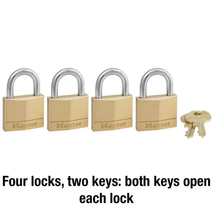 Master Lock Solid Brass Padlock with Key – 40mm Body, 22mm Hardened Steel Shackle, 4-Pin Cylinder Security Lock, Keyed Alike, 4 Pack