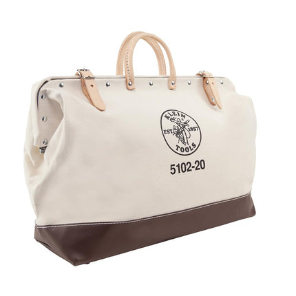 Klein Tools 5102-20 Heavy Duty Natural Canvas Tool Bag, Tool Tote, Multi-Purpose Bag with Wide Hinged Opening and Leather Handles, 20-Inch