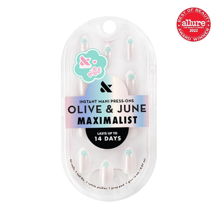 Olive & June Maximalist Instant Mani Press-On Nails (Glue) | 42 Fake Nails, 21 Sizes | Non-Toxic, Long-Lasting Big, Bold Gorgeous Realistic Look | Medium, Almond | Puffy Flower Chrome French