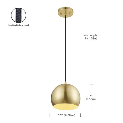 Globe Electric 60617 1-Light Pendant Light, Matte Brass, Black Woven Fabric Hanging Cord, E26 Base Socket, Kitchen Island, Café, Decorative, Ceiling Hanging Light Fixture, Adjustable Height, Modern